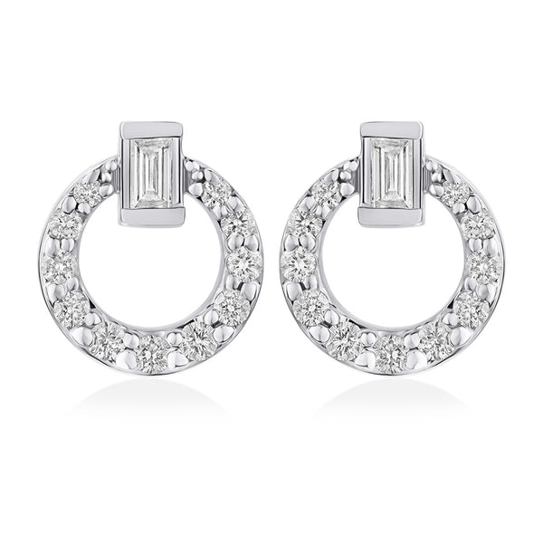 18ct White Gold Grain Set Round Brilliant Cut and Baguette Cut Diamond Circular Stud Earrings