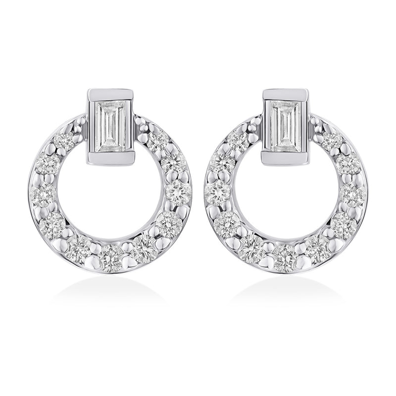 18ct White Gold Grain Set Round Brilliant Cut and Baguette Cut Diamond Circular Stud Earrings