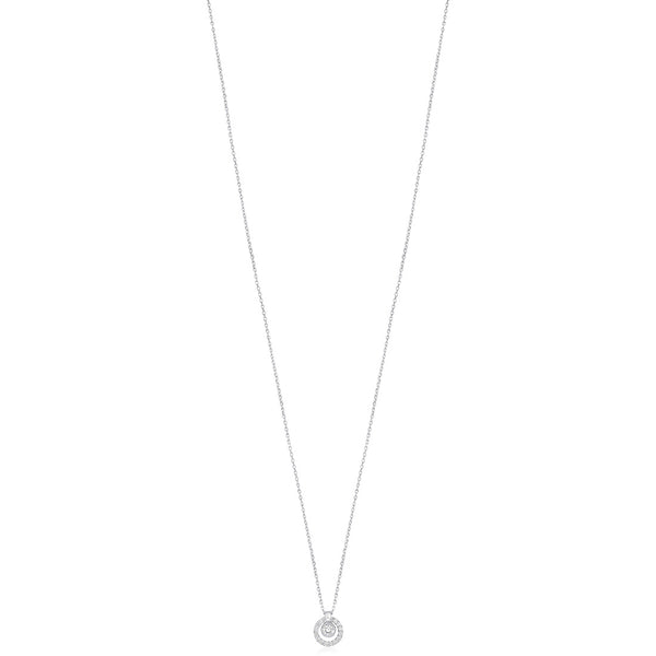18ct White Gold Rub Set Round Brilliant Cut Diamond and Baguette Cut and Diamond Circular Pendant and Chain