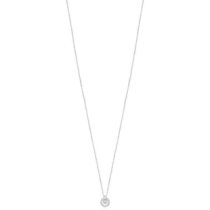 18ct White Gold Rub Set Round Brilliant Cut Diamond and Baguette Cut and Diamond Circular Pendant and Chain