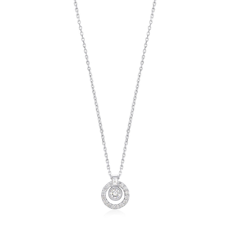 18ct White Gold Rub Set Round Brilliant Cut Diamond and Baguette Cut and Diamond Circular Pendant and Chain