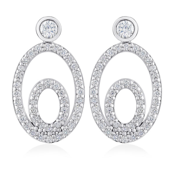 18ct White Gold Rub and Grain Set Round Brilliant Cut Diamond Drop Earrings