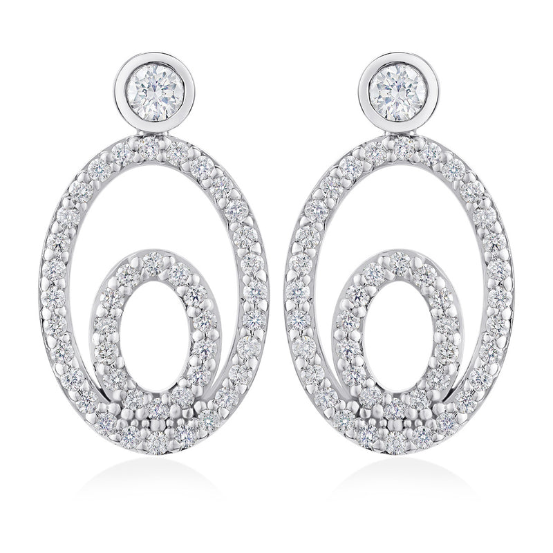 18ct White Gold Rub and Grain Set Round Brilliant Cut Diamond Drop Earrings