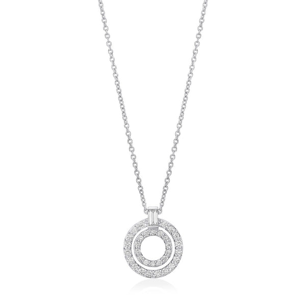 18ct White Gold Grain Set Round Brilliant Cut Diamond and Baguette Cut and Diamond Double Circular Pendant and Chain