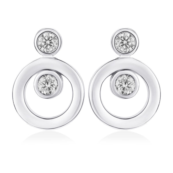 18ct White Gold Rub Set Round Brilliant Cut Diamond Circular Stud Earrings