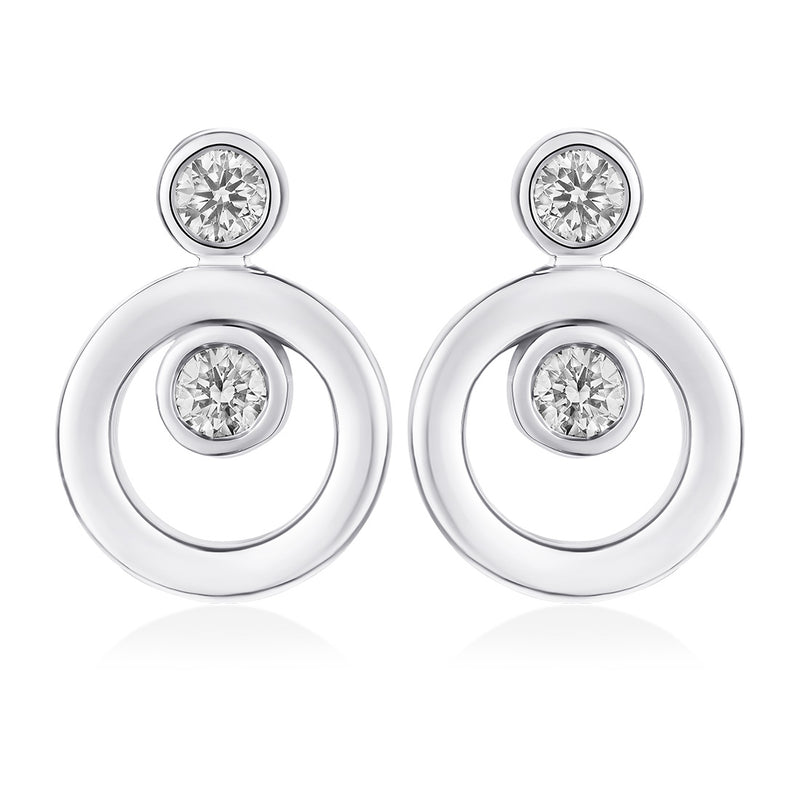 18ct White Gold Rub Set Round Brilliant Cut Diamond Circular Stud Earrings