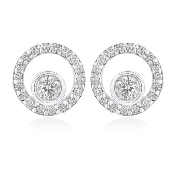 18ct White Gold Rub and Grain Set Round Brilliant Cut Diamond Circular Stud Earrings