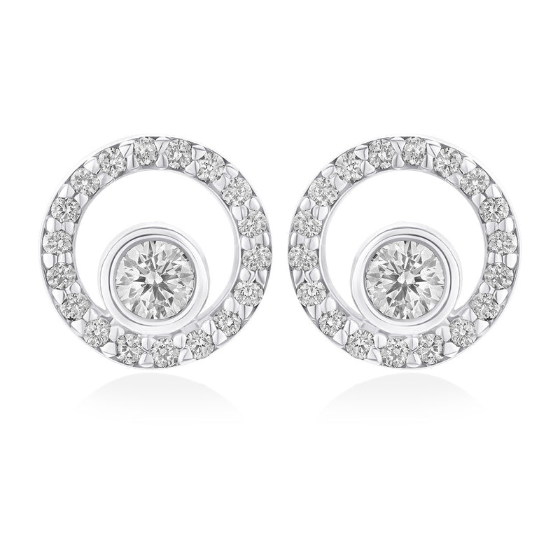 18ct White Gold Rub and Grain Set Round Brilliant Cut Diamond Circular Stud Earrings
