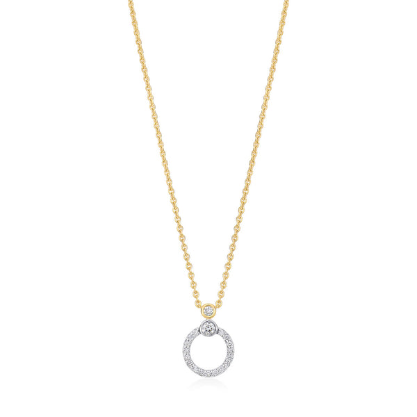 18ct White and Yellow Gold Rub and Grain Set Round Brilliant Cut Diamond Circular Pendant and Chain
