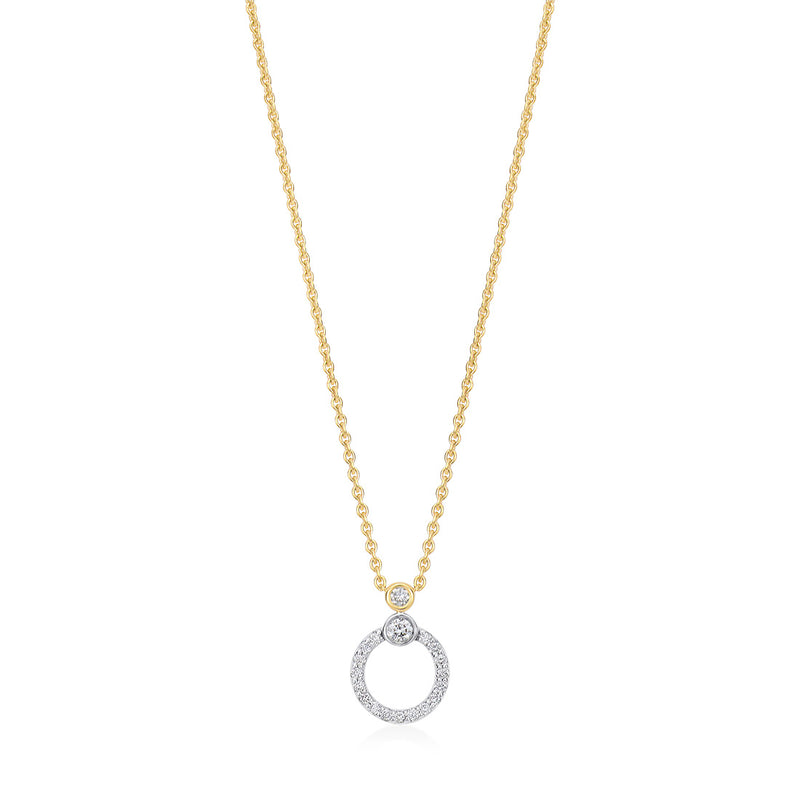 18ct White and Yellow Gold Rub and Grain Set Round Brilliant Cut Diamond Circular Pendant and Chain