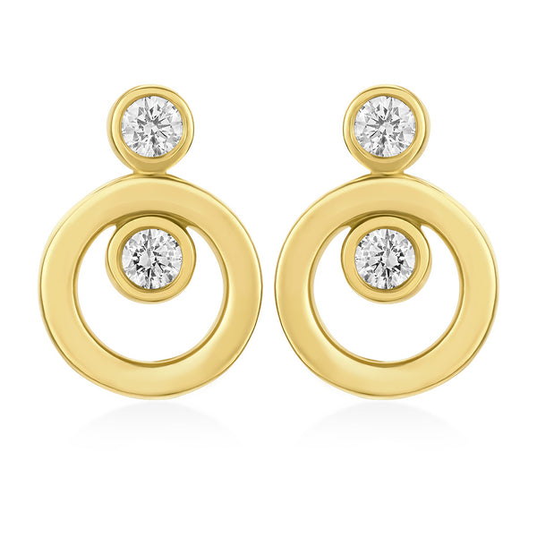 18ct Yellow Gold Rub Set Round Brilliant Cut Diamond Circular Stud Earrings