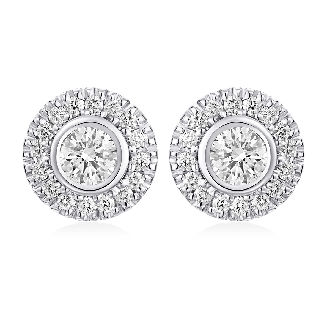 18ct White Gold Rub Set Round Brilliant Cut Diamond Halo Cluster Stud ...