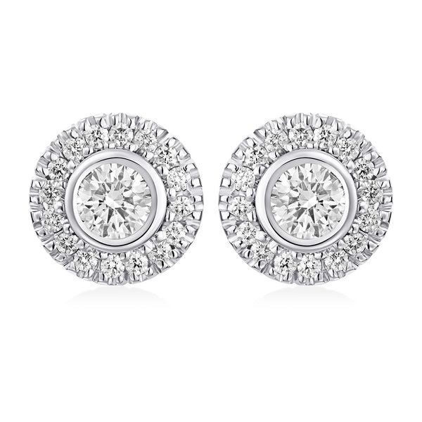 18ct White Gold Rub Set Round Brilliant Cut Diamond Halo Cluster Stud Earrings