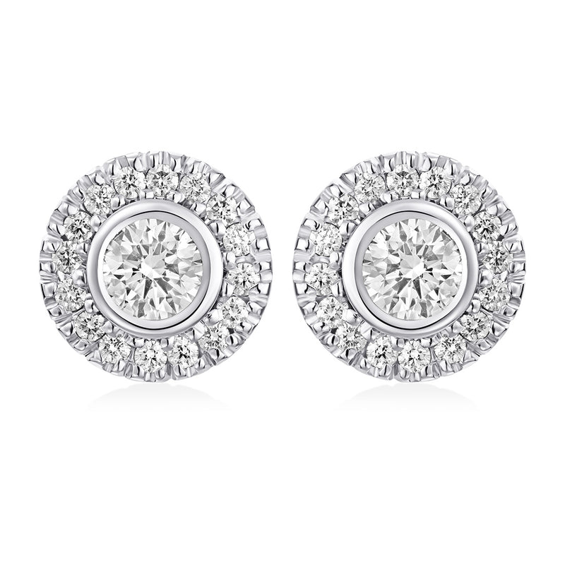 18ct White Gold Rub Set Round Brilliant Cut Diamond Halo Cluster Stud Earrings
