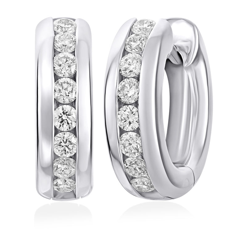 18ct White Gold Polished Channel Set Round Brilliant Cut Diamond Hoop Earrings