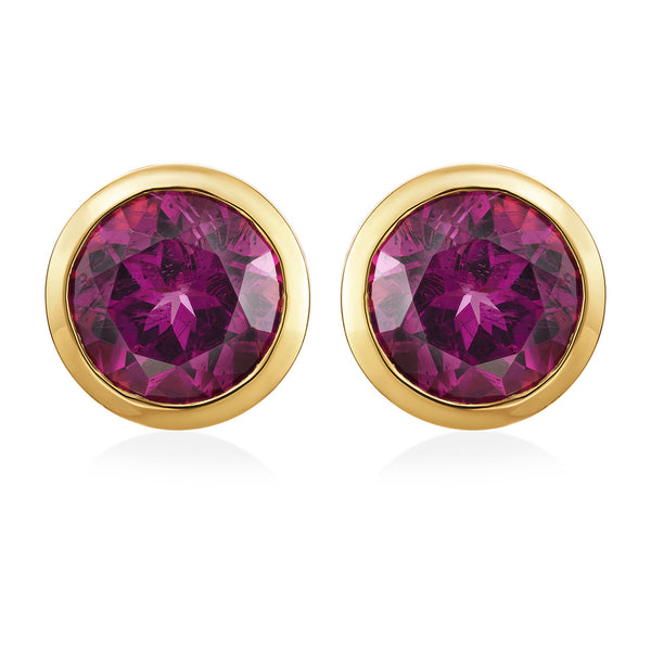 18ct Rose Gold Rub Set Round Cut Rhodolite Garnet Stud Earrings