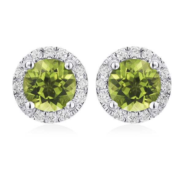 18ct White Gold Four Claw Set Round Cut Peridot and Round Brilliant Cut Diamond Halo Cluster Stud Earrings