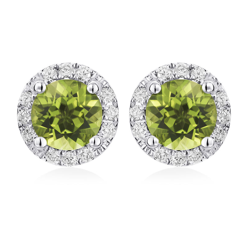 18ct White Gold Four Claw Set Round Cut Peridot and Round Brilliant Cut Diamond Halo Cluster Stud Earrings