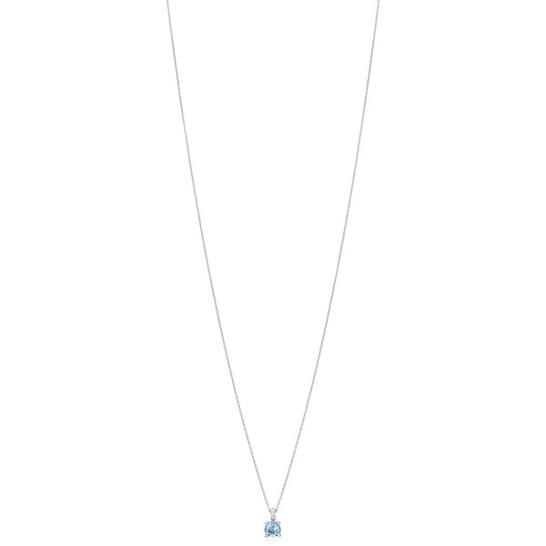 18ct White Gold Four Claw Set Round Cut Aquamarine and Round Brilliant Cut Diamond Drop Pendant and Chain