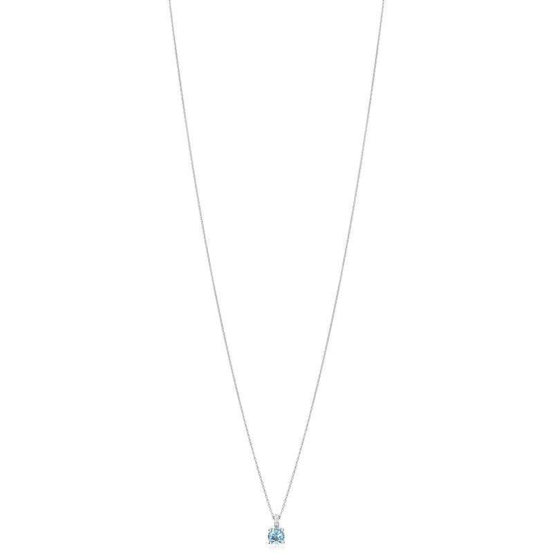 18ct White Gold Four Claw Set Round Cut Aquamarine and Round Brilliant Cut Diamond Drop Pendant and Chain