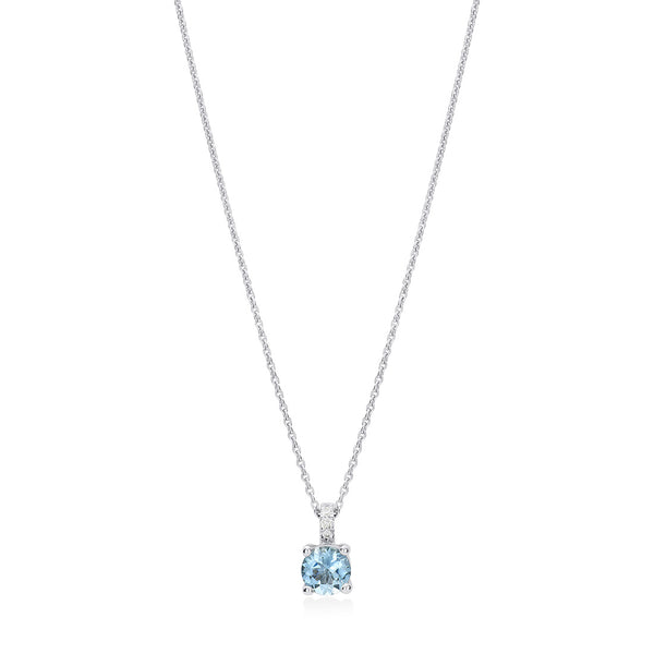 18ct White Gold Four Claw Set Round Cut Aquamarine and Round Brilliant Cut Diamond Drop Pendant and Chain