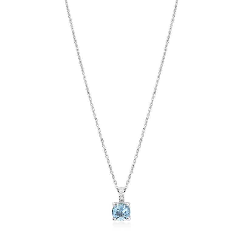 18ct White Gold Four Claw Set Round Cut Aquamarine and Round Brilliant Cut Diamond Drop Pendant and Chain