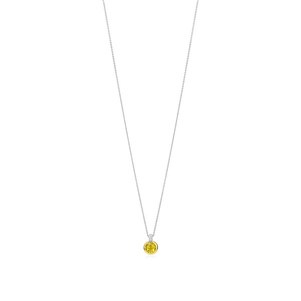 18ct White and Yellow Gold Cap Set Round Cut Yellow Beryl and Round Brilliant Cut Diamond Drop Pendant and Chain