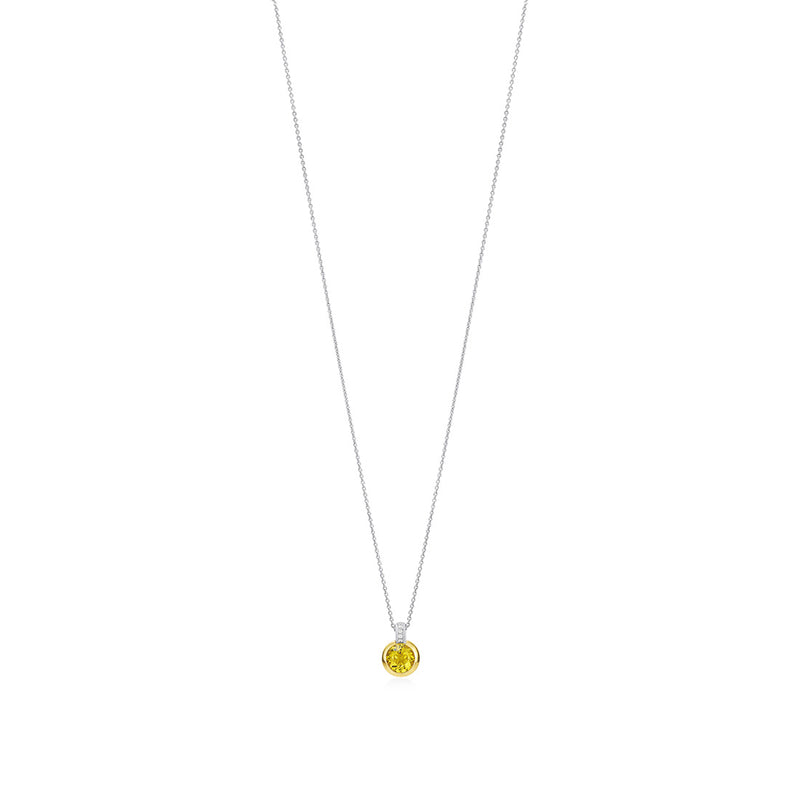 18ct White and Yellow Gold Cap Set Round Cut Yellow Beryl and Round Brilliant Cut Diamond Drop Pendant and Chain