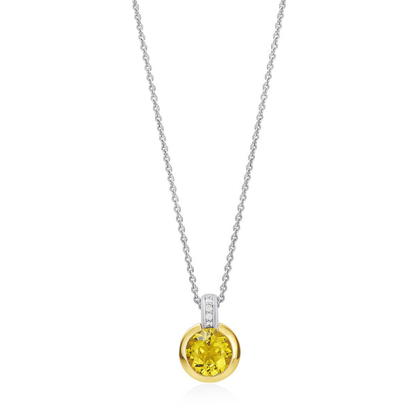 18ct White and Yellow Gold Cap Set Round Cut Yellow Beryl and Round Brilliant Cut Diamond Drop Pendant and Chain