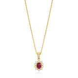 18ct Yellow Gold Ten Claw Set Oval Cut Ruby and Round Brilliant Cut Diamond Cluster Pendant and Chain