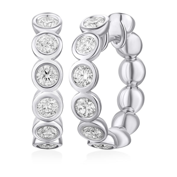 18ct White Gold Rub Set Round Brilliant Cut Diamond Hoop Earrings