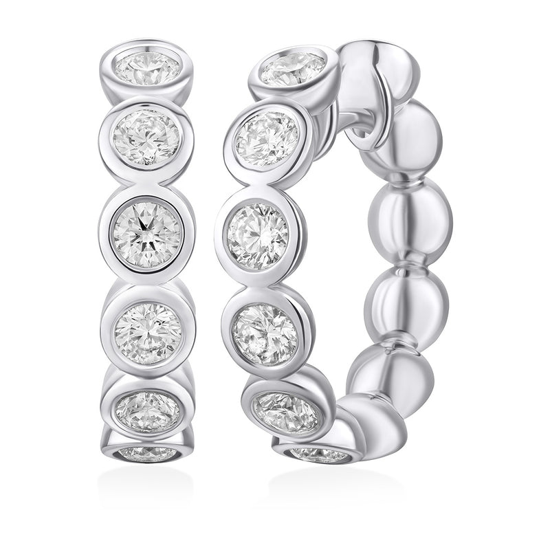 18ct White Gold Rub Set Round Brilliant Cut Diamond Hoop Earrings