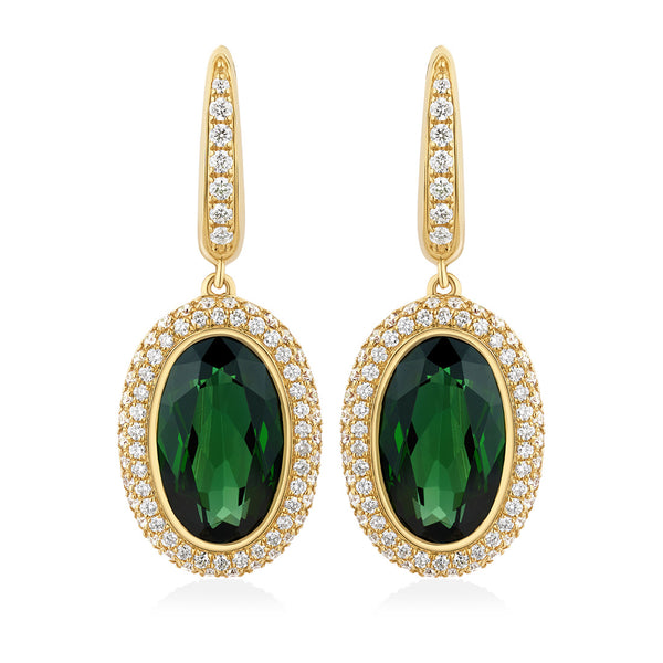 18ct Yellow Gold Rub Set Oval Cut Green Tourmaline and Round Brilliant Cut Diamond Halo Cluster Drop Earrings