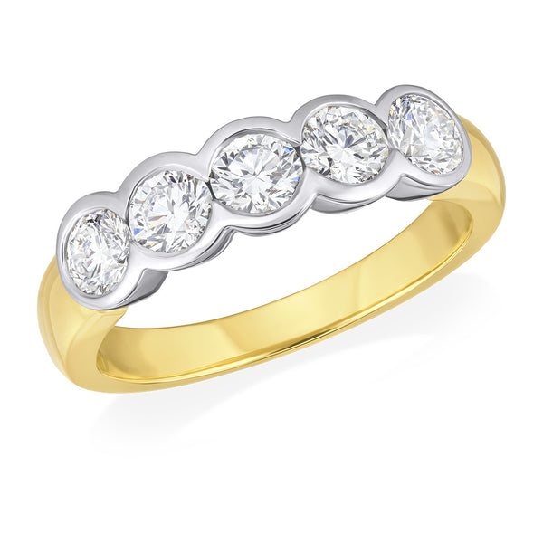 18ct Yellow Gold and Platinum Rub Set Round Brilliant Cut Diamond Half Eternity Ring