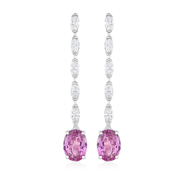 18ct White Gold Four Claw Set Oval Cut Pink Sapphire and Diamond Drop Earrings