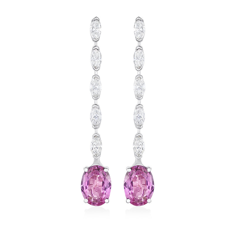 18ct White Gold Four Claw Set Oval Cut Pink Sapphire and Diamond Drop Earrings