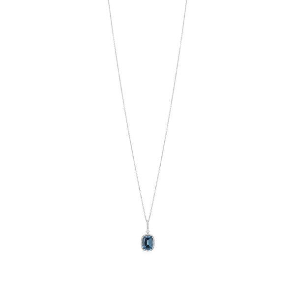 18ct White Gold Double Four Claw Set Long Cushion Cut London Blue Topaz and Round Brilliant Cut Diamond Halo Cluster Pendant and Chain
