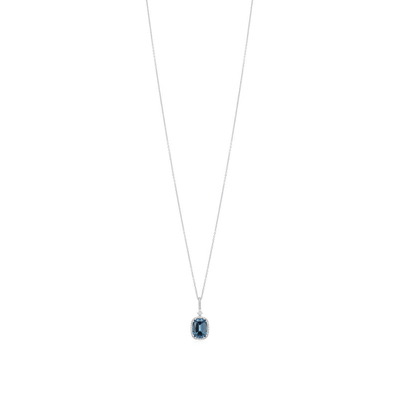 18ct White Gold Double Four Claw Set Long Cushion Cut London Blue Topaz and Round Brilliant Cut Diamond Halo Cluster Pendant and Chain