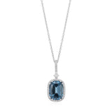 18ct White Gold Double Four Claw Set Long Cushion Cut London Blue Topaz and Round Brilliant Cut Diamond Halo Cluster Pendant and Chain