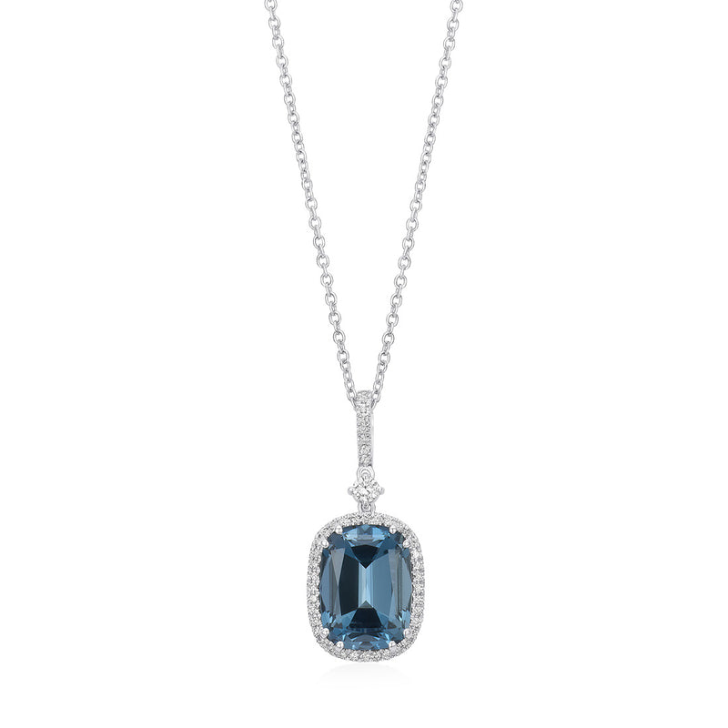 18ct White Gold Double Four Claw Set Long Cushion Cut London Blue Topaz and Round Brilliant Cut Diamond Halo Cluster Pendant and Chain