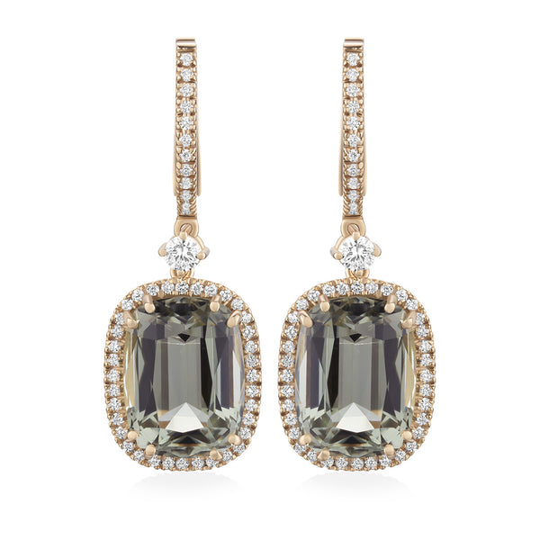 18ct Rose Gold Double Four Claw Set Long Cushion Cut Prasiolite and Round Brilliant Cut and Diamond Cluster Drop Earrings