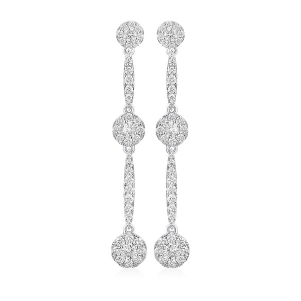 18ct White Gold Milgrain Edge Grain Set Round Brilliant Cut Diamond Drop Earrings