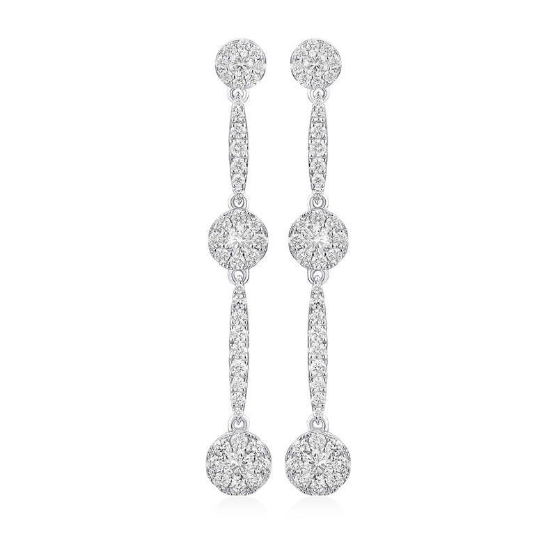 18ct White Gold Milgrain Edge Grain Set Round Brilliant Cut Diamond Drop Earrings