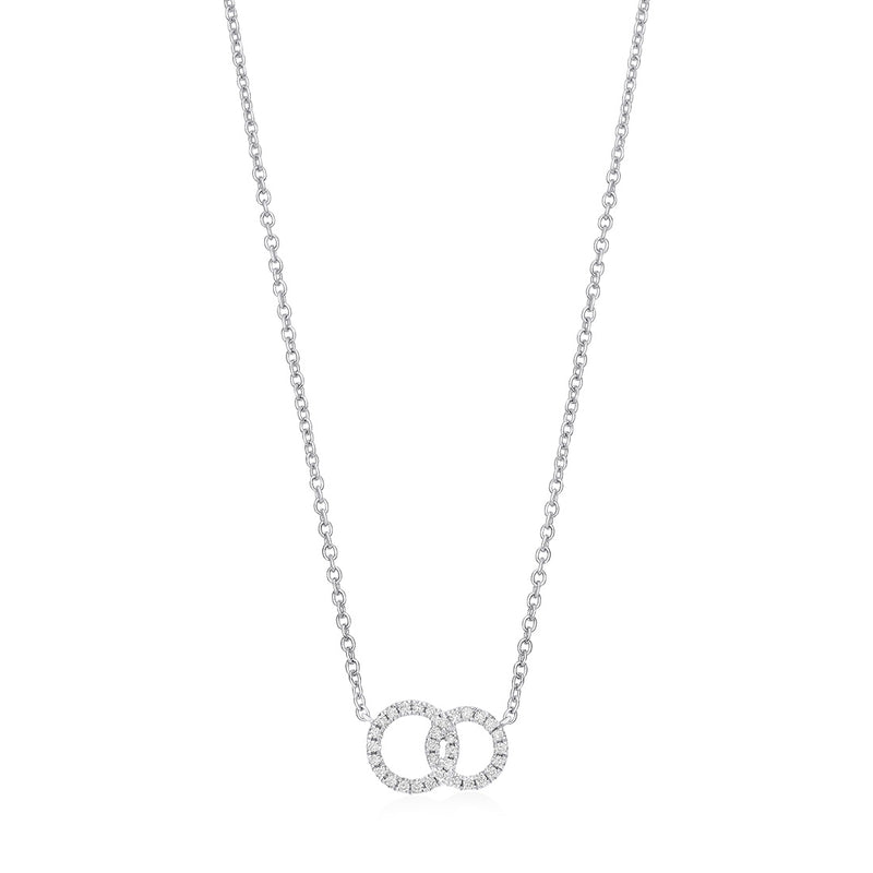 18ct White Gold Pave Set Round Brilliant Cut Diamond Double Circular Pendant and Chain