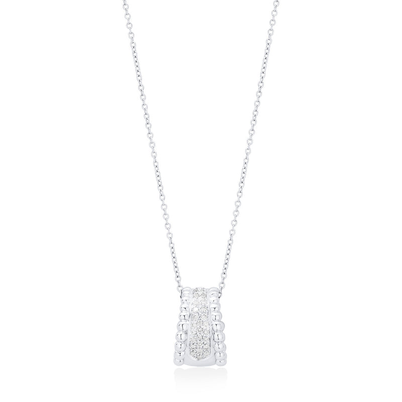 18ct White Gold Pave Set Round Brilliant Cut Diamond Barrel Pendant and Chain