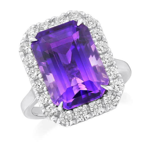Platinum Four Claw Set Emerald Cut Amethyst and Diamond Halo Cluster Ring