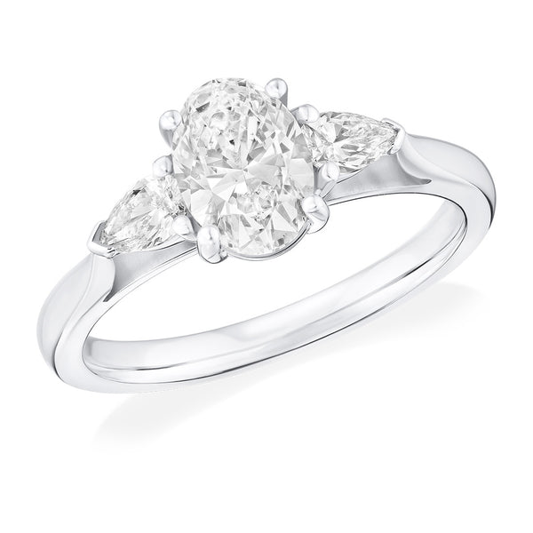 Platinum Three Stone Four Claw Set Oval Cut Diamond and Pear Shaped Diamond Ring
