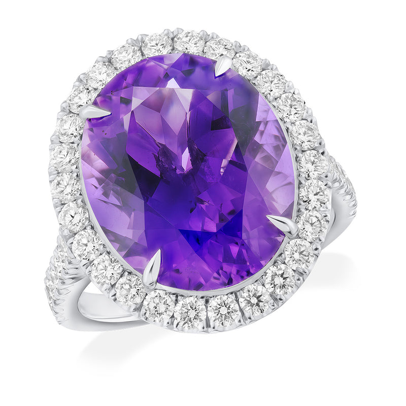 Platinum Four Claw Set Oval Cut Amethyst and Diamond Halo Cluster Ring