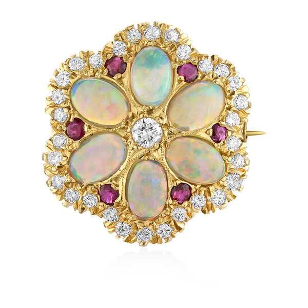 Pre-Owned 18ct Yellow Gold Grain Set Cabochon Cut Opal and Round Brilliant Cut Diamond, Ruby Cluster Brooch