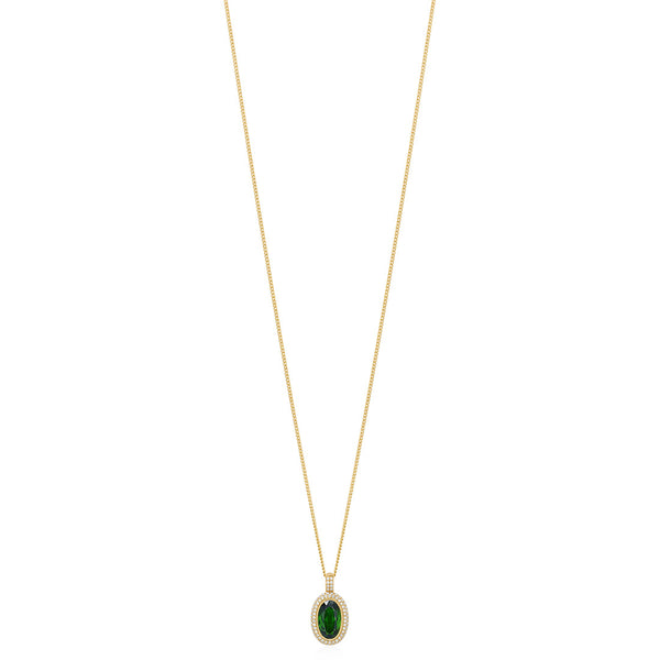 18ct Yellow Gold Rub Set Oval Cut Green Tourmaline and Round Brilliant Cut Diamond Double Halo Cluster Pendant and Chain